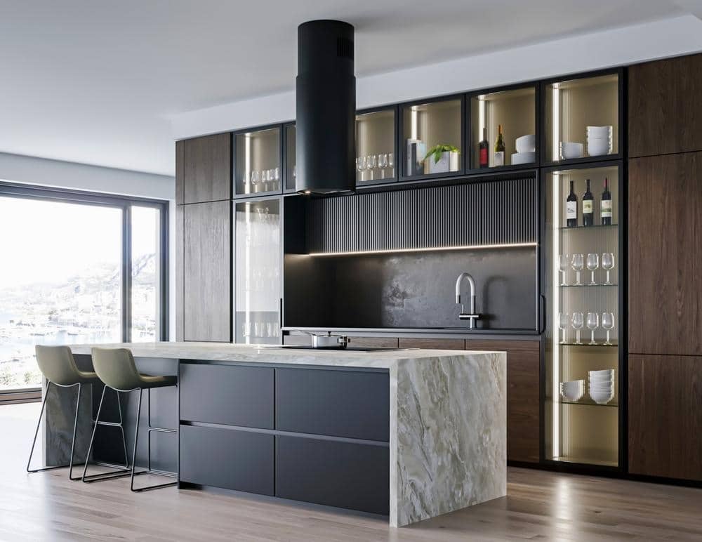 modern luxury kitchen with upper cabinets and large island