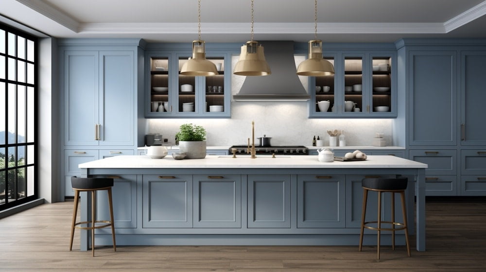 blue grey kitchen cabinets in a kitchen with large island