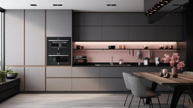 modern grey kitchen cabinets with pink backsplash