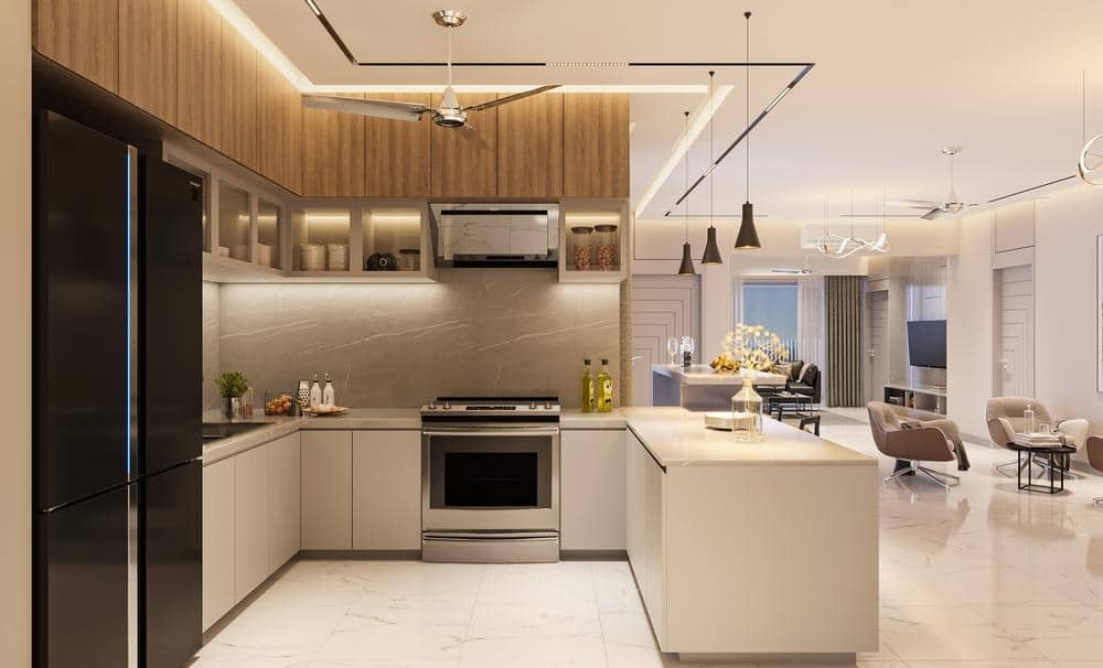 luxury kitchen design with white ceiling and wooden upper cabinets