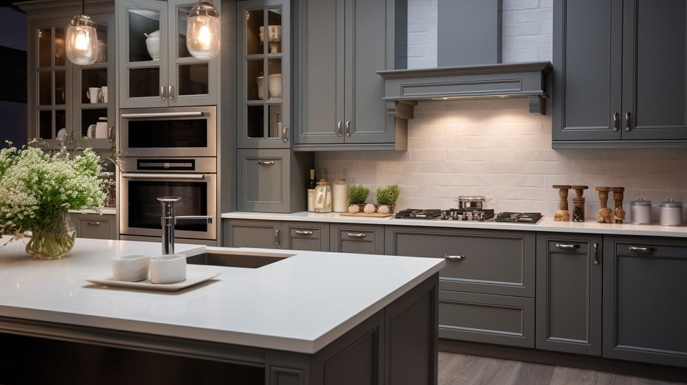 kitchen with grey cabinets and white countertop and glass inserted upper cabinets