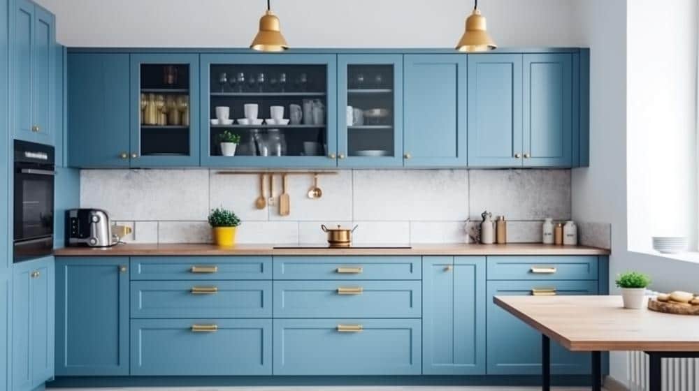 blue kitchen with wooden table white tiled floor generative ai | 12 Fresh Blue Kitchen Cabinets Ideas - Reviving Your Kitchen Space