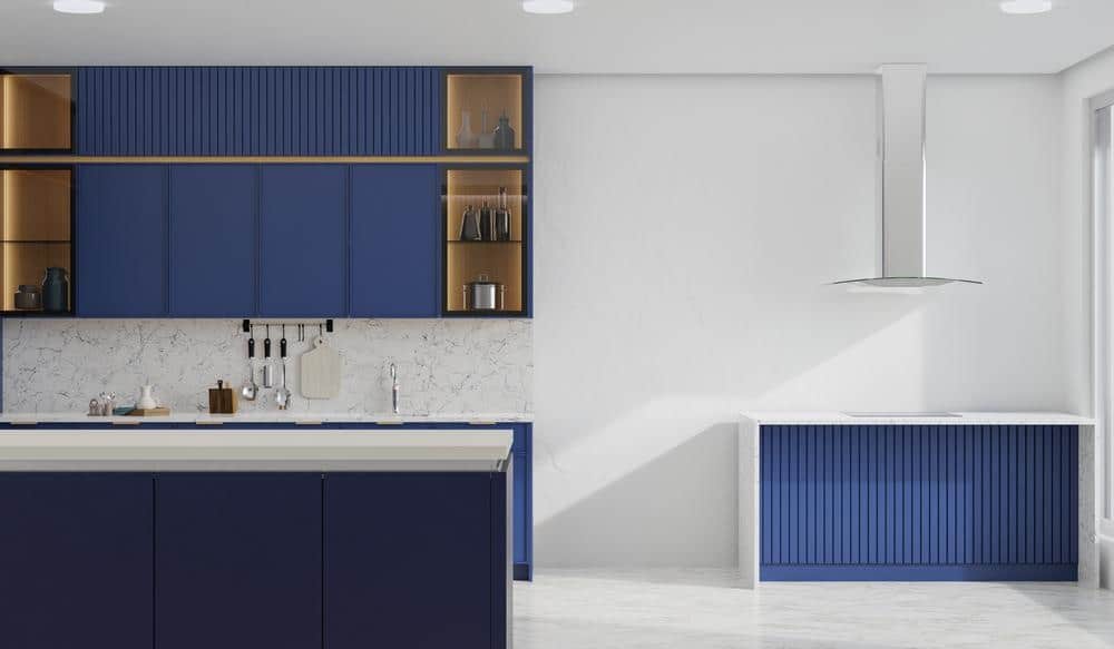 cooking room with dinning table wall 3d rendering | 12 Fresh Blue Kitchen Cabinets Ideas - Reviving Your Kitchen Space