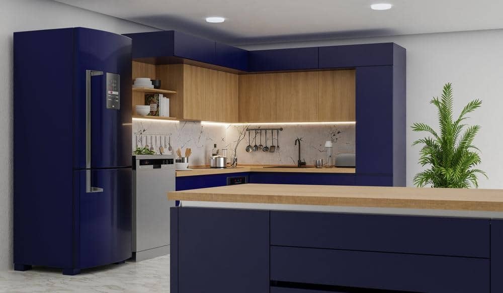kitchen room with dinning table wall 3d rendering | 12 Fresh Blue Kitchen Cabinets Ideas - Reviving Your Kitchen Space