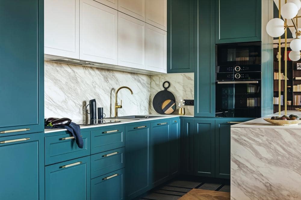 luxury modern vintage turquoise white kitchen marble kitchen island with white owal chandelier gold tap marble table top template | 12 Fresh Blue Kitchen Cabinets Ideas - Reviving Your Kitchen Space